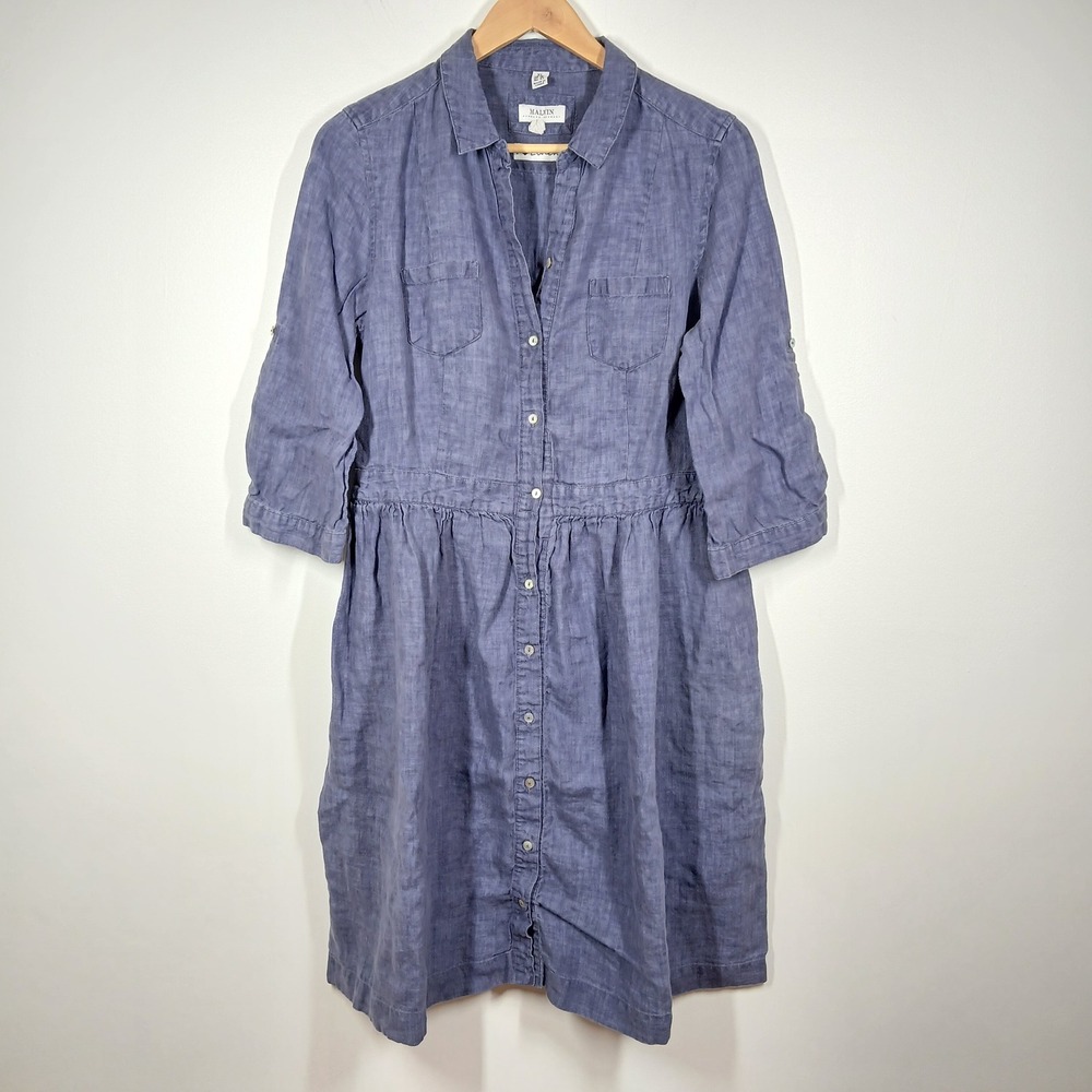 Malvin Dress Women XL Blue Linen Button Front Shirt Dress Casual